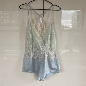 Flora Nikrooz Silk Lace Romper Light Blue Size XS